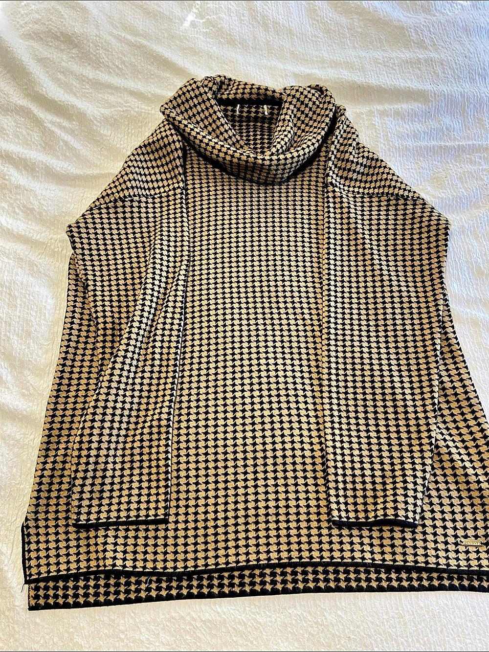 Calvin Klein Houndstooth Cowl Neck Sweater in Black & brown